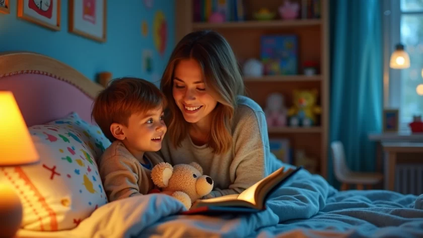 Mãe lendo historinha para filho na cama à noite, quarto aconchegante e colorido