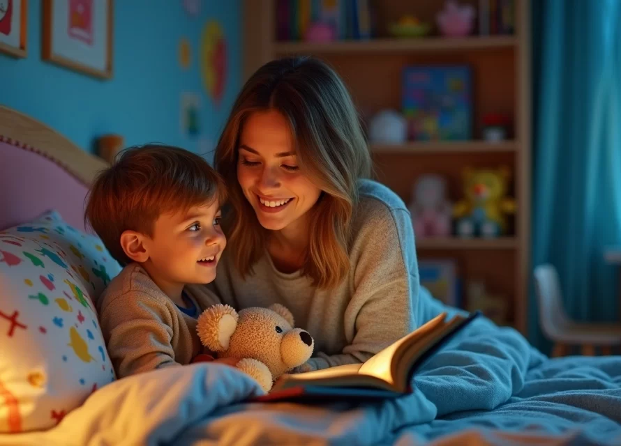 Mãe lendo historinha para filho na cama à noite, quarto aconchegante e colorido