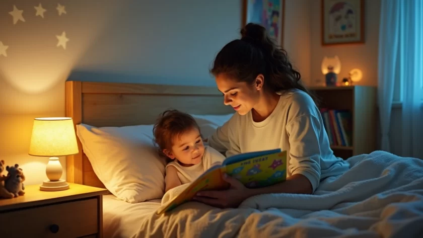 Mãe lendo histórias infantis para o filho na cama antes de dormir