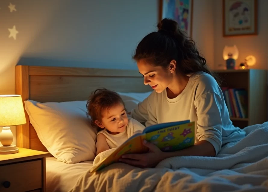 Mãe lendo histórias infantis para o filho na cama antes de dormir