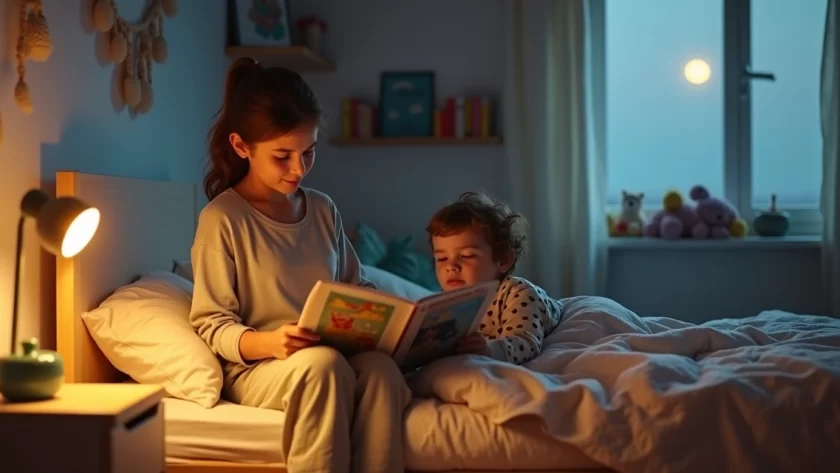 Mãe lendo historinha calma para filho pequeno na cama antes de dormir