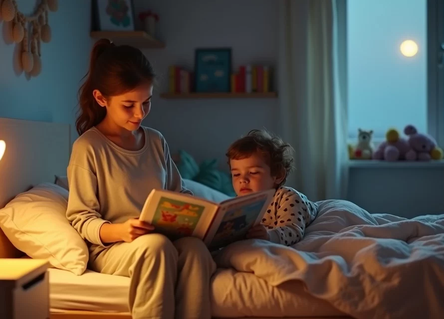 Mãe lendo historinha calma para filho pequeno na cama antes de dormir