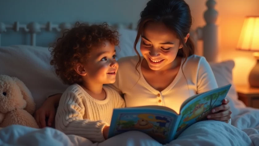 Mãe lendo historinha para o filho pequeno antes de dormir, em ambiente aconchegante e iluminado com luz quente