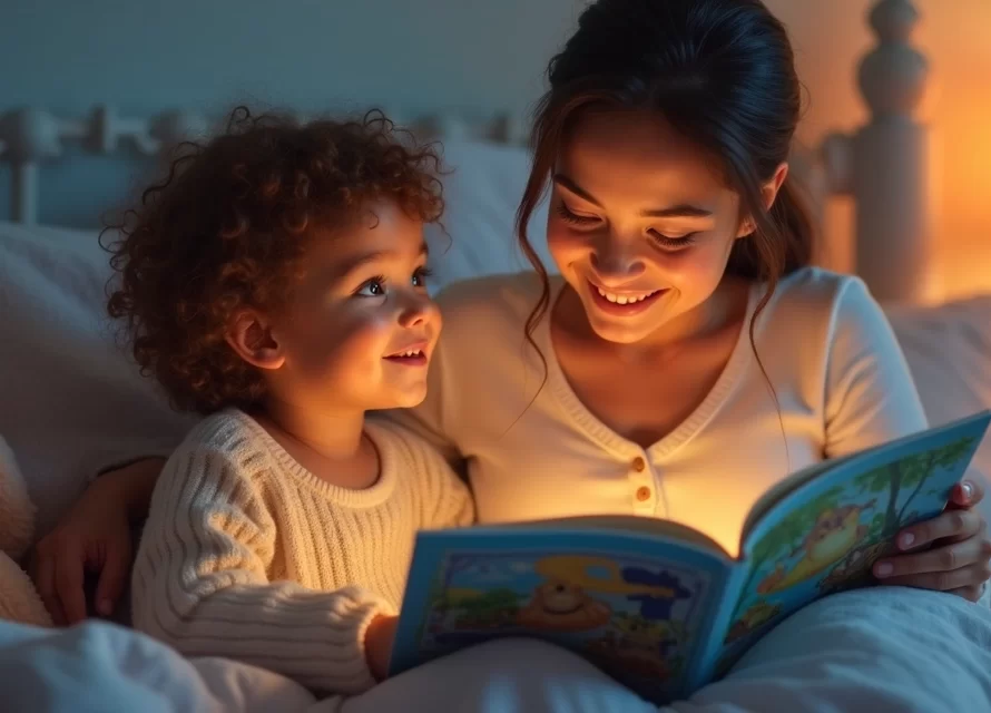 Mãe lendo historinha para o filho pequeno antes de dormir, em ambiente aconchegante e iluminado com luz quente