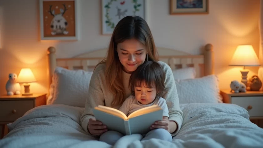 Mãe lendo uma história calma para criança pequena em quarto aconchegante com luz suave e decoração lúdica