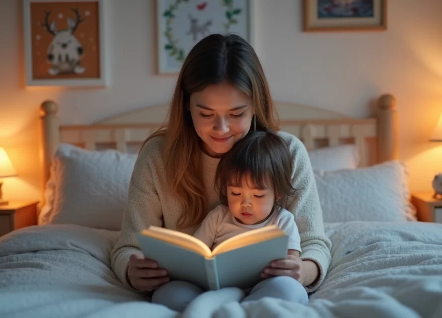 Mãe lendo uma história calma para criança pequena em quarto aconchegante com luz suave e decoração lúdica