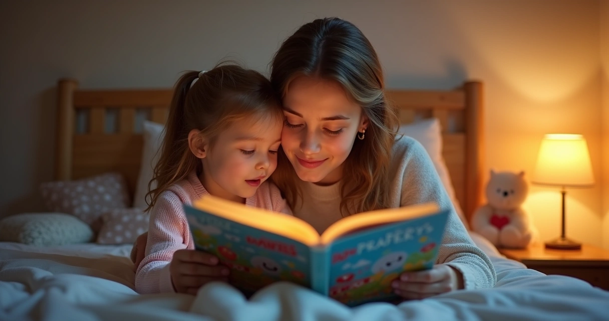 Mãe e filha sentadas juntas no quarto, lendo um livro infantil antes de dormir, ambiente acolhedor e iluminado