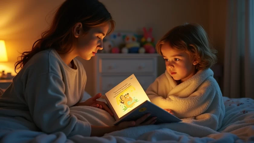 Pai lendo história para filho em quarto aconchegante à noite