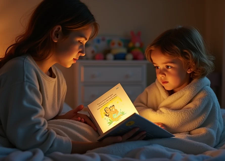 Pai lendo história para filho em quarto aconchegante à noite