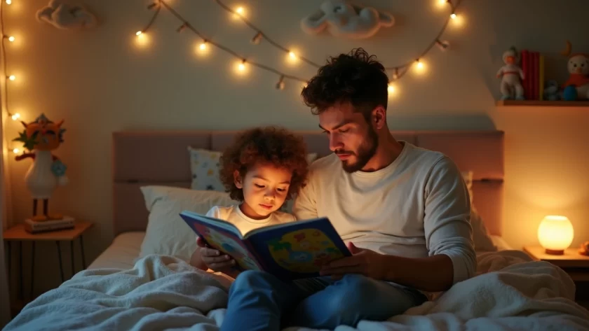 Pai lendo historinha para criança na cama em quarto aconchegante à noite