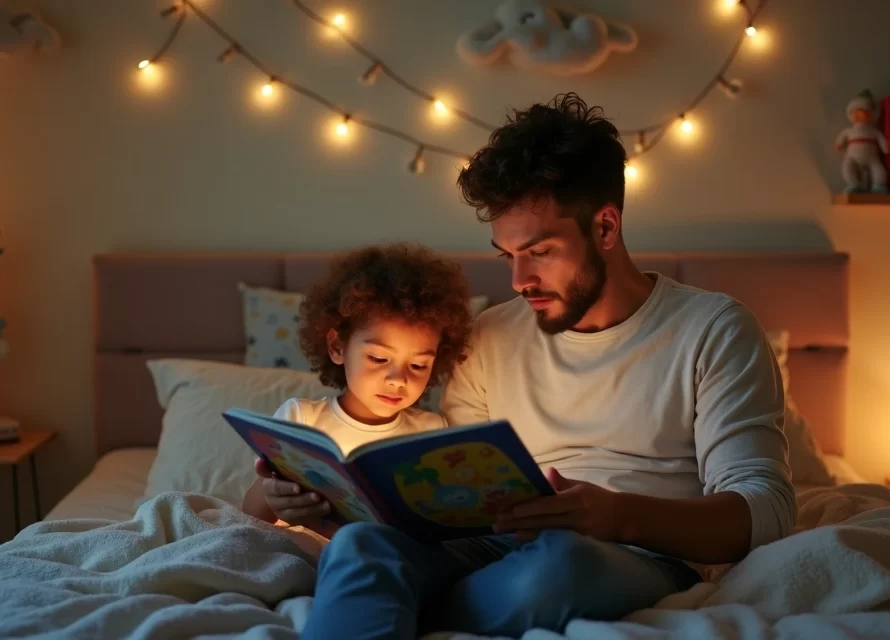Pai lendo historinha para criança na cama em quarto aconchegante à noite
