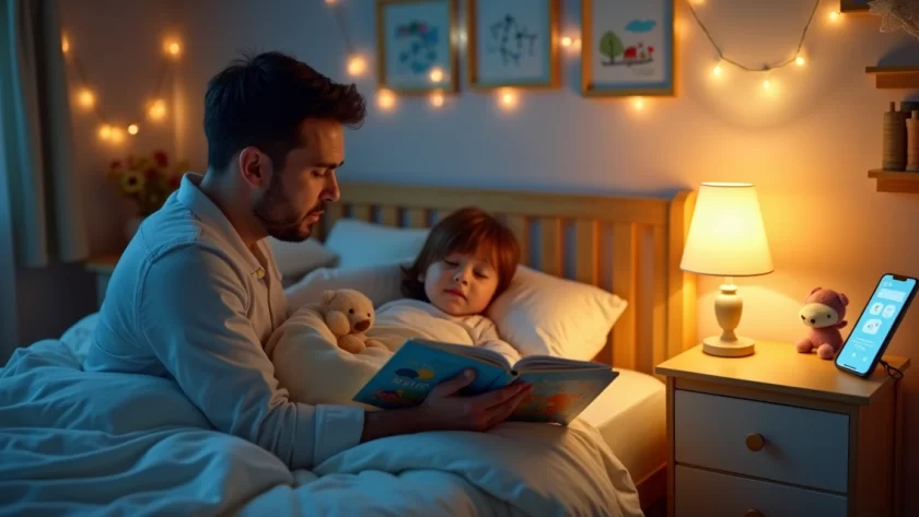 Pai lendo história para criança na cama antes de dormir