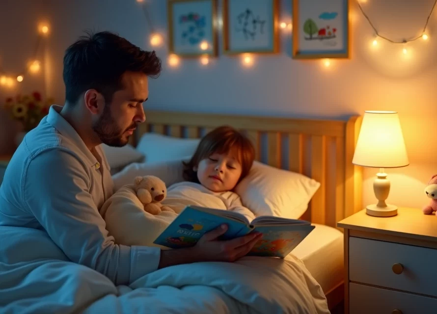 Pai lendo história para criança na cama antes de dormir