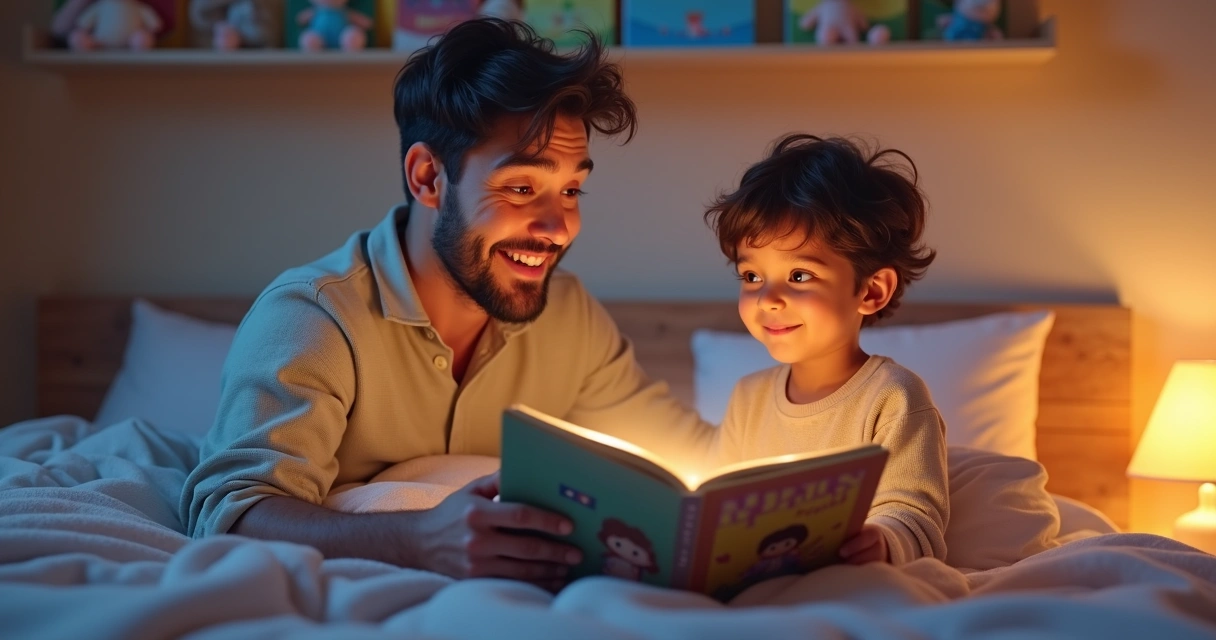 Pai lendo história para criança pequena no quarto aconchegante antes de dormir