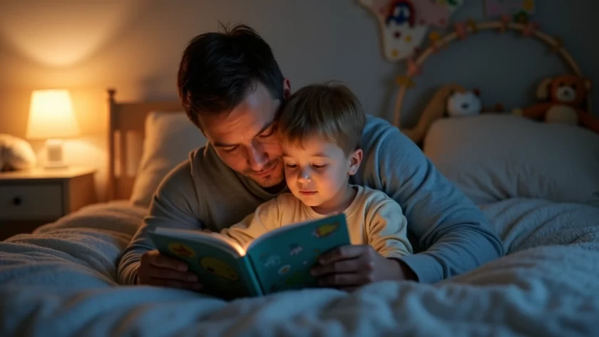 Pai lendo historinha para filho na cama com iluminação suave no quarto