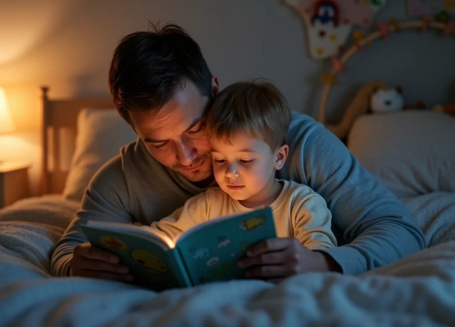 Pai lendo historinha para filho na cama com iluminação suave no quarto