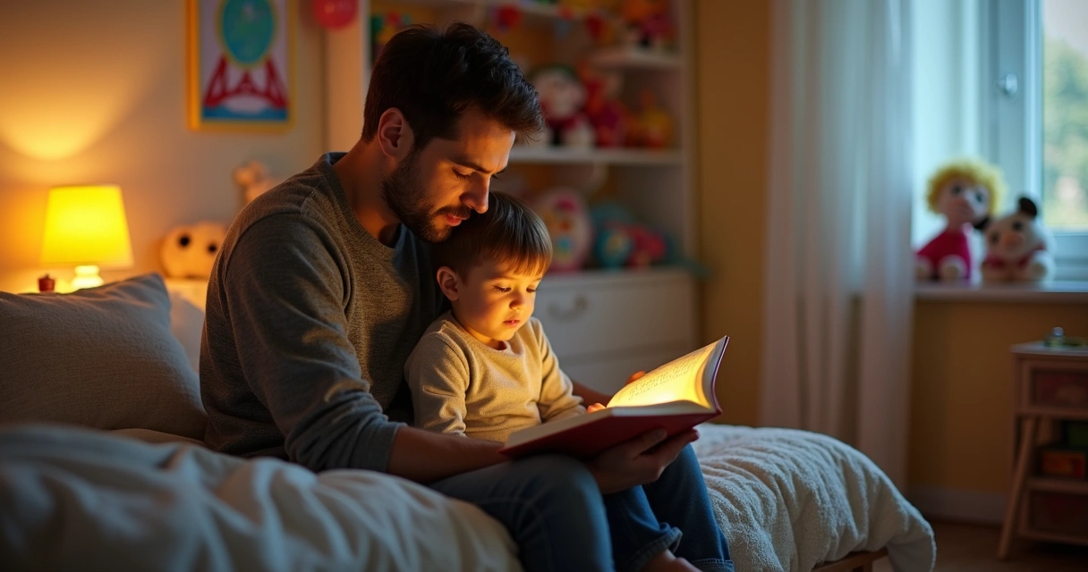 Pai lendo historinha para filho pequeno na cama em ambiente aconchegante e iluminado