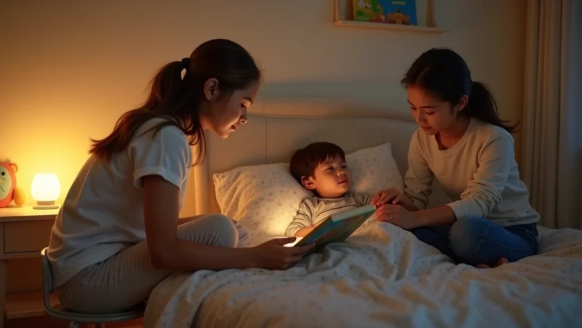 Pai e mãe sentados ao lado da cama lendo história para criança pequena adormecendo