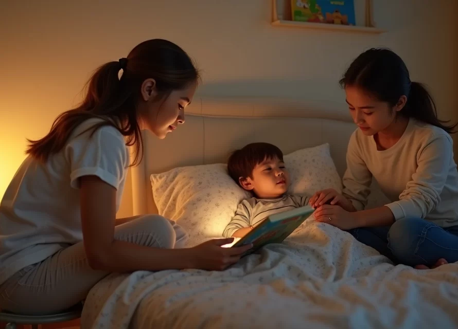Pai e mãe sentados ao lado da cama lendo história para criança pequena adormecendo