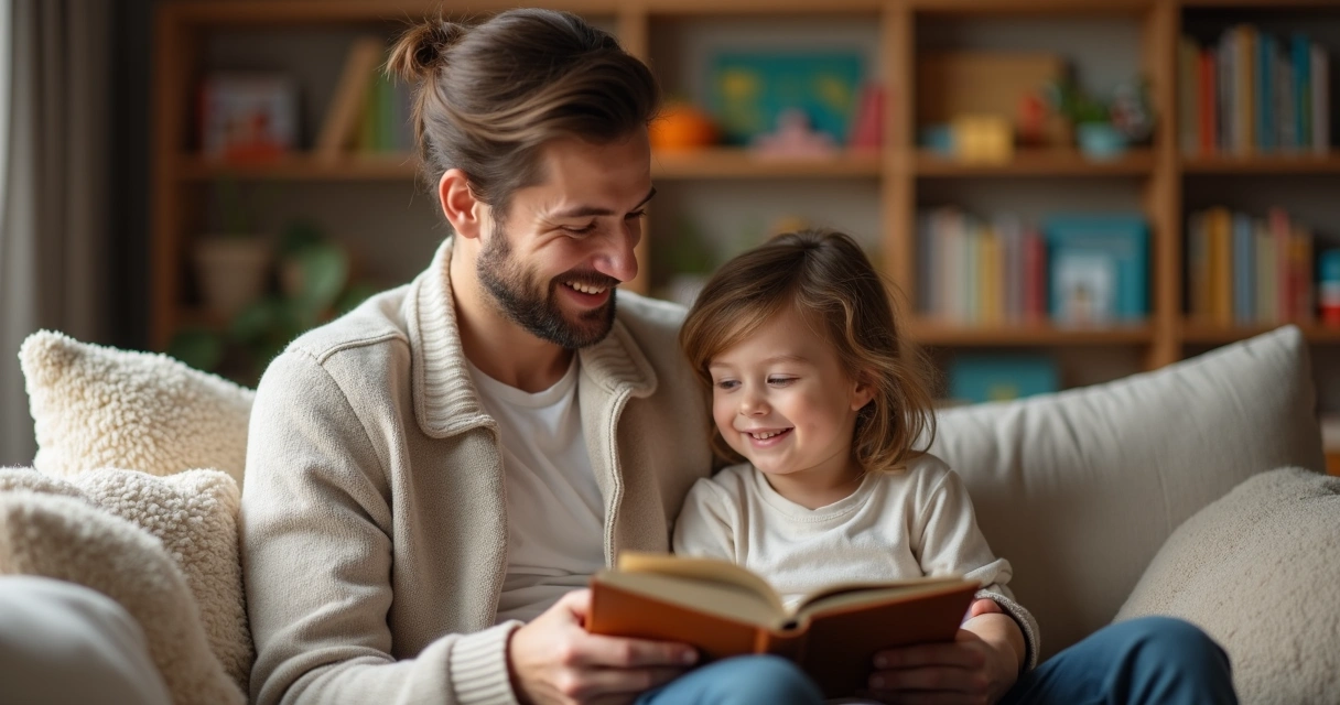 Pai e filho lendo juntos com sorriso, em ambiente acolhedor, transmitindo afeto e diálogo