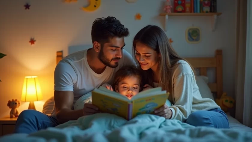 Pai e mãe lendo história para filha pequena na cama antes de dormir