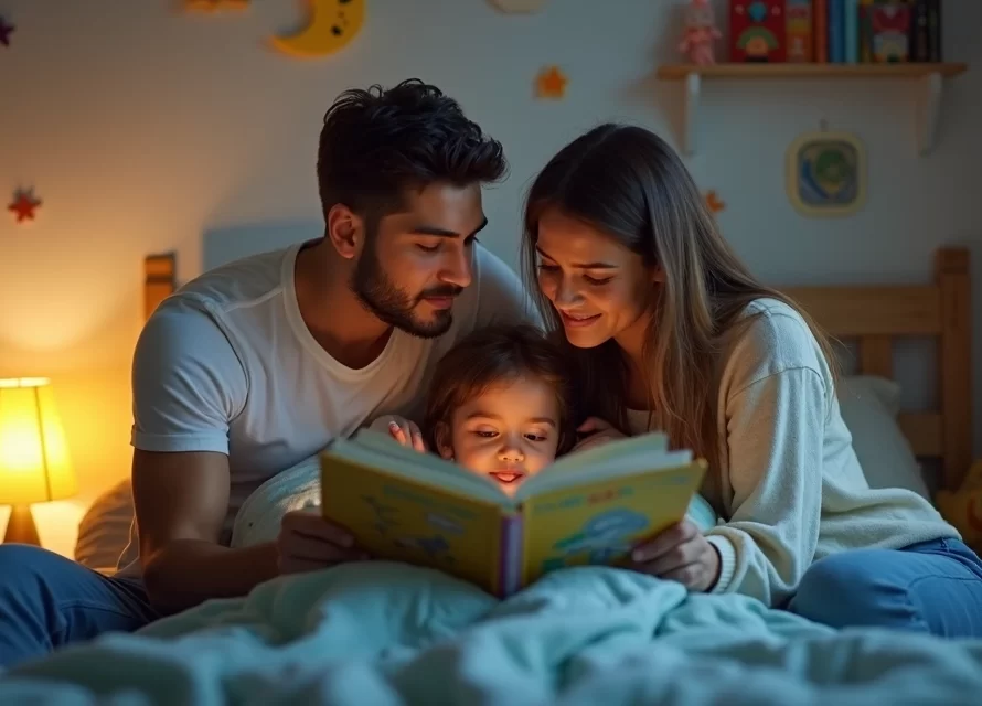 Pai e mãe lendo história para filha pequena na cama antes de dormir