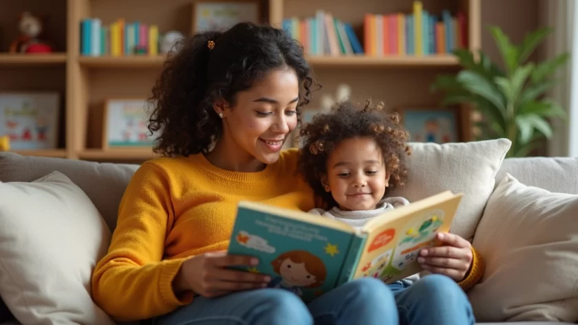 Pai e filho sentados no sofá, lendo juntos um livro infantil com expressão tranquila e ambiente acolhedor