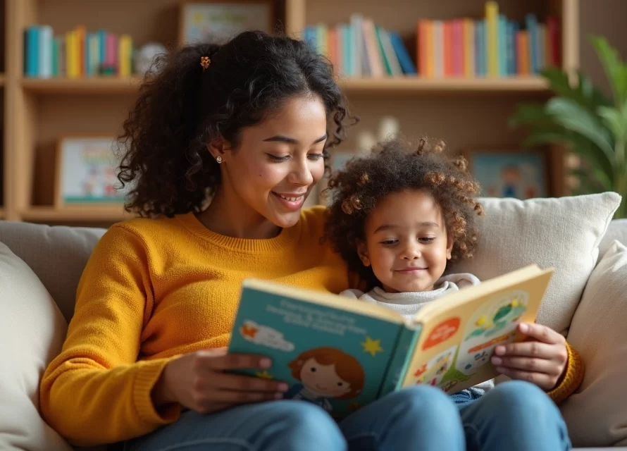Pai e filho sentados no sofá, lendo juntos um livro infantil com expressão tranquila e ambiente acolhedor