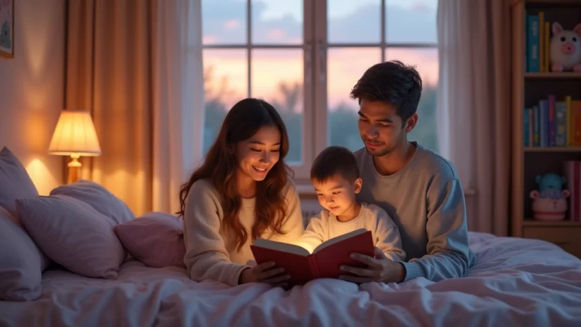 Pais sentados confortavelmente lendo histórias para uma criança antes de dormir em ambiente acolhedor e tranquilo