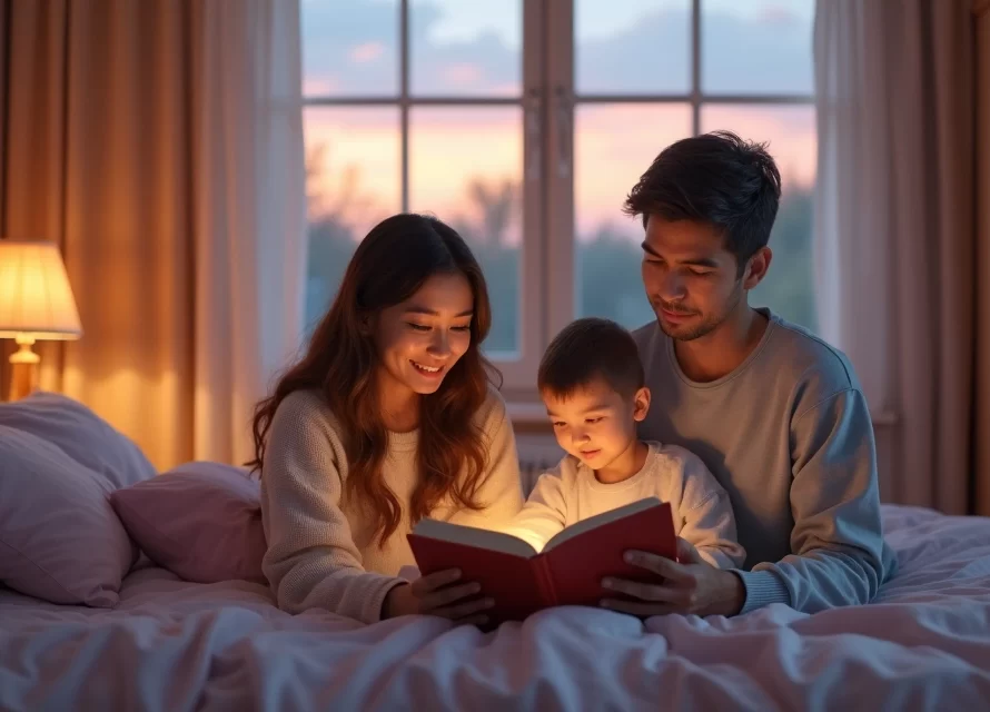 Pais sentados confortavelmente lendo histórias para uma criança antes de dormir em ambiente acolhedor e tranquilo