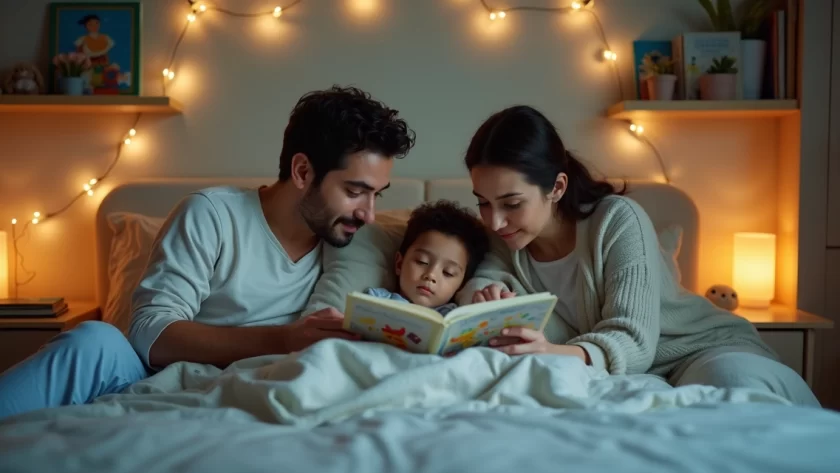 Pais lendo história para criança pequena na cama antes de dormir