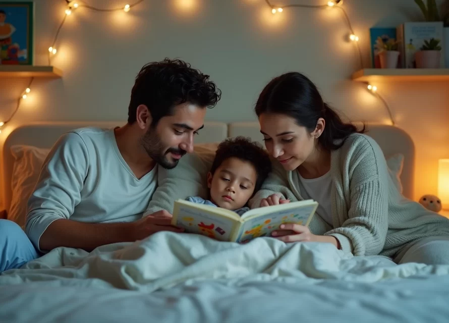 Pais lendo história para criança pequena na cama antes de dormir