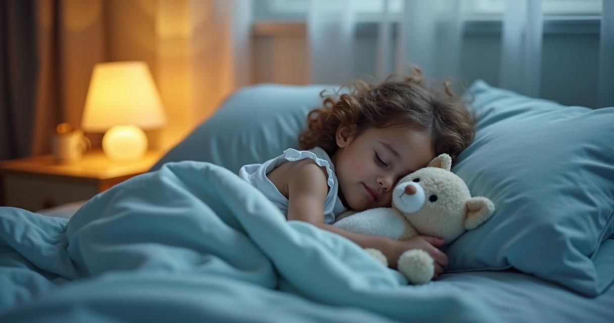 Criança aconchegada na cama em seu quarto tranquilo, com iluminação suave e brinquedo protetor ao lado
